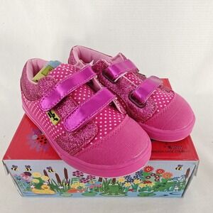 Western Chief Kids Sparkle Shine Pink Sneaker Hook Loop Polka‎ Dot Glitter 9.5